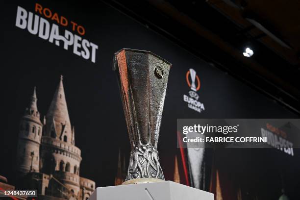 This photograph shows the UEFA Europa League trophy before the draw for the quarter-final, semi-final and final of the 2022-2023 UEFA Europa League...