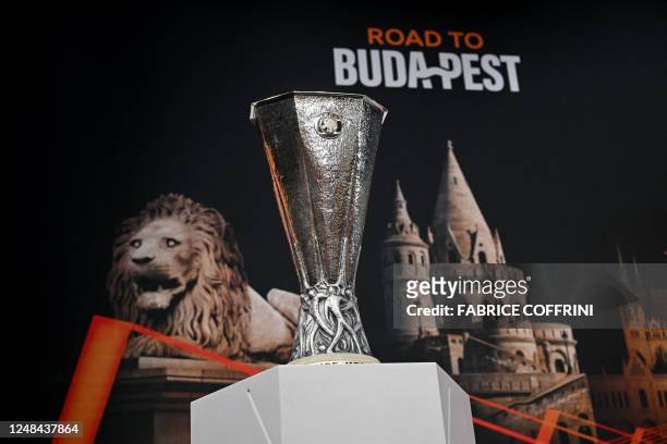 This photograph shows the UEFA Europa League trophy before the draw for the quarter-final, semi-final and final of the 2022-2023 UEFA Europa League...