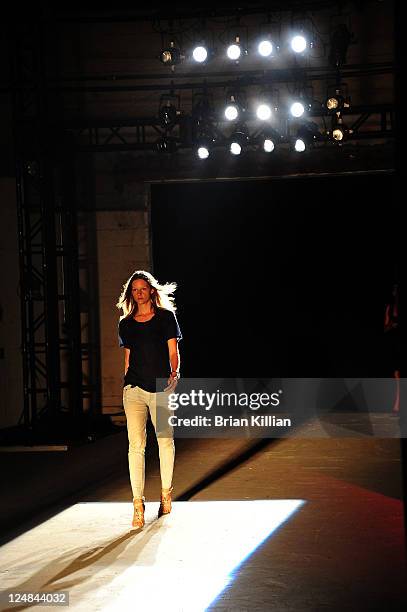 Model walks the runway during rehearsal just before the Edun Spring 2012 fashion show during Mercedes-Benz Fashion Week at 330 West Street on...