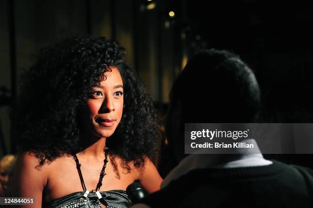 Singer Corinne Bailey Rae attends the Edun Spring 2012 fashion show during Mercedes-Benz Fashion Week at 330 West Street on September 11, 2011 in New...