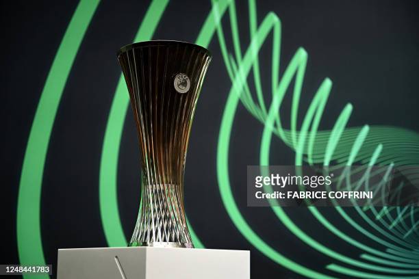 This photograph shows the UEFA Europa Conference League trophy before the draw for the quarter-final, semi-final and final of the 2022-2023 UEFA...