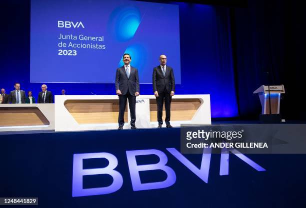 Spain's Banco Bilbao Vizcaya Argentaria Chairman Carlos Torres and Chief Executive Officer Onur Genc attend the bank's general shareholders' meeting...
