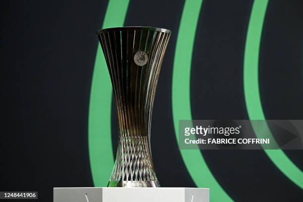 This photograph shows the UEFA Europa Conference League trophy before the draw for the quarter-final, semi-final and final of the 2022-2023 UEFA...