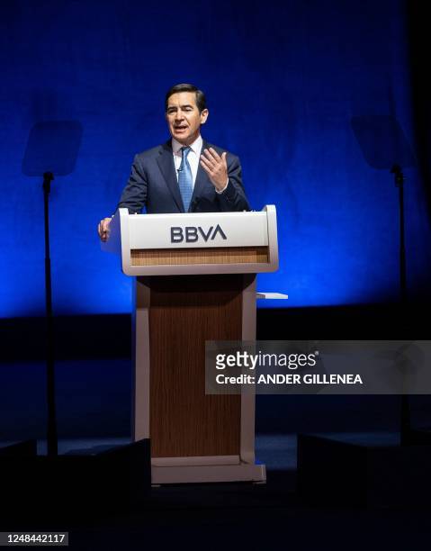Spain's Banco Bilbao Vizcaya Argentaria chairman Carlos Torres delivers a speech during the bank's general shareholders' meeting in the Spanish...