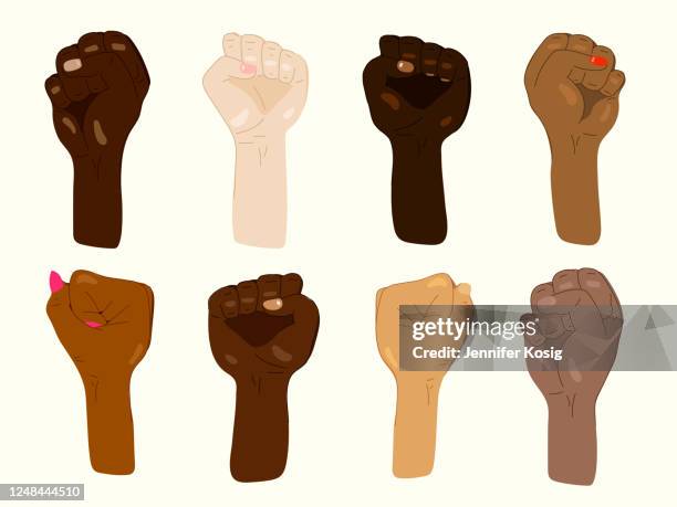 set of protesting hands of mixed skin colors - raised fist stock illustrations