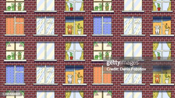 ilustrações de stock, clip art, desenhos animados e ícones de hand-drawn cartoon cute seamless illustration - windows of a brick house. - doll house