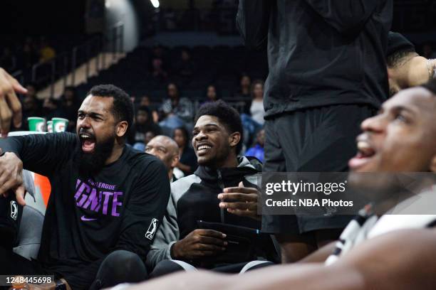 Scoot Henderson of the G League Ignite sits courtside during the game on March 16, 2023 at Dollar Loan Center in Henderson, Nevada. NOTE TO USER:...