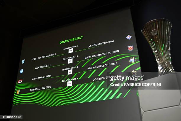 This photograph shows the draw result for the quarter-final matches and the trophy of the 2022-2023 UEFA Europa Conference League football...