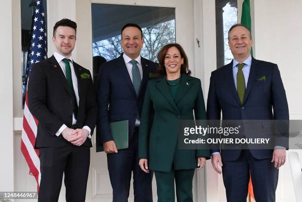 Vice President Kamala Harris and Second Gentleman Doug Emhoff greet Irish Taoiseach Leo Varadkar and his partner Matthew Barrett ahead of a St....