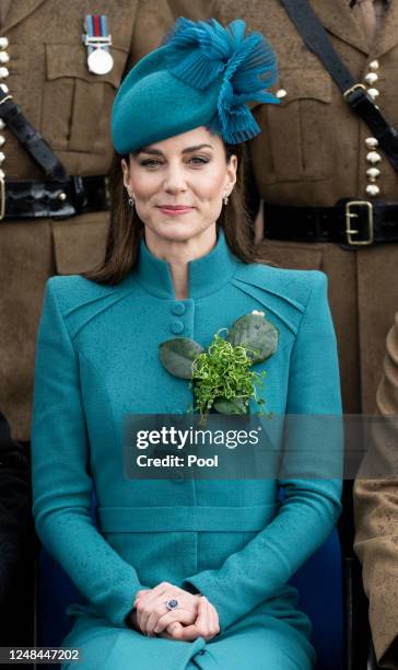 Catherine, Princess of Wales attends the 2023 St. Patrick's Day Parade at Mons Barracks on March 17, 2023 in Aldershot, England.