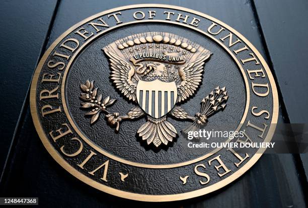 The seal of the Vice President of the United States of America at the US Naval Observatory in Washington, DC, on March 17, 2023.