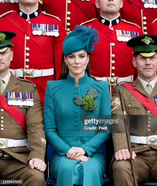 Catherine, Princess of Wales attends the 2023 St. Patrick's Day Parade at Mons Barracks on March 17, 2023 in Aldershot, England.