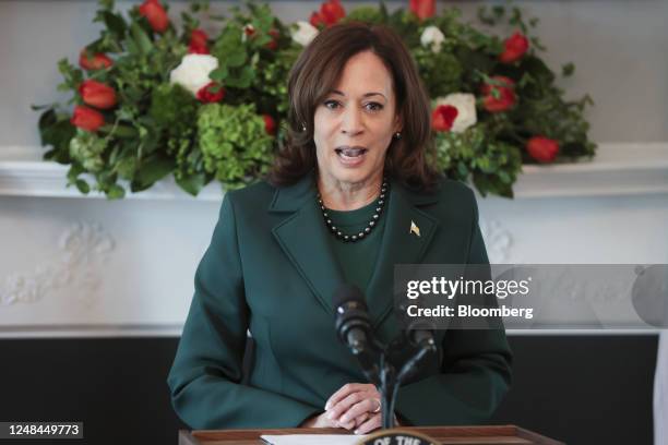 Vice President Kamala Harris speaks during a St. Patrick's Day breakfast with Leo Varadkar, Ireland's prime minister, at the Vice President's...