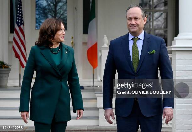 Vice President Kamala Harris and Second Gentleman Doug Emhoff wait to greet Irish Taoiseach Leo Varadkar and his partner Matthew Barrett ahead of a...