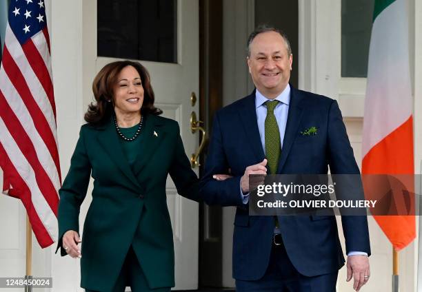 Vice President Kamala Harris and Second Gentleman Doug Emhoff wait to greet Irish Taoiseach Leo Varadkar and his partner Matthew Barrett ahead of a...