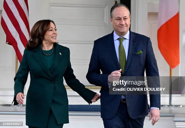 Vice President Kamala Harris and Second Gentleman Doug Emhoff wait to greet Irish Taoiseach Leo Varadkar and his partner Matthew Barrett ahead of a...