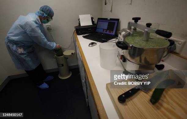 Food inspector from the Food and Environmental Hygiene Department checks imported Japanese vegetables for radiation inside a food inspection room at...
