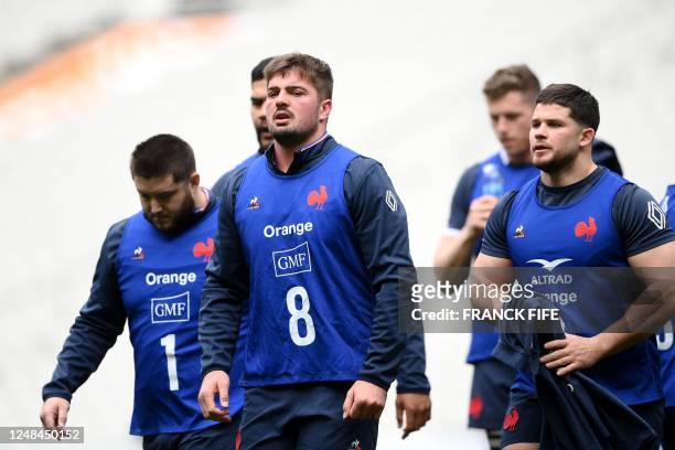 France's loosehead prop Cyril Baille , France's number eight Gregory Alldritt and France's hooker Julien Marchand during a Captain's Run training...