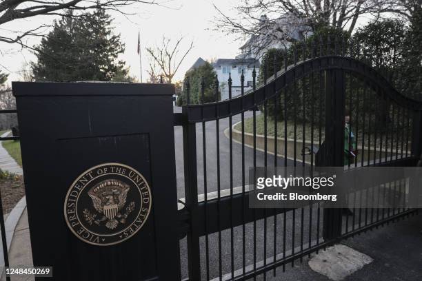 Seal at the entrance to the Vice President's residence in Washington, DC, US, on Friday, March 17, 2023. Ireland's Prime Minister Varadkar is in...