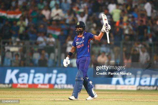 Rahul of India celebrates after scoring fifty during the first game in the One Day International Series between India and Australia at Wankhede...