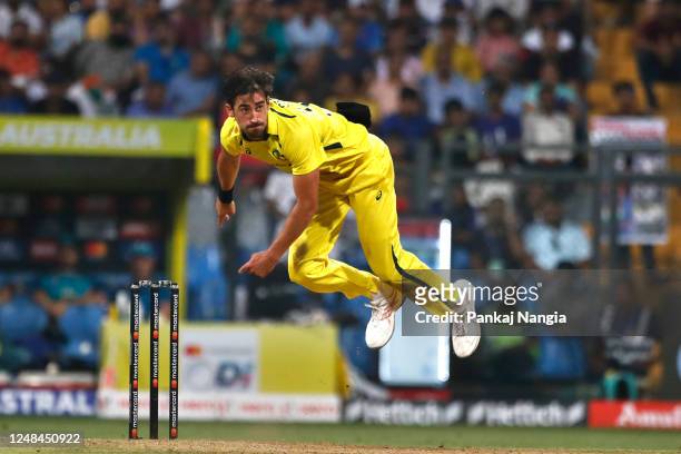 Mitchell Starc of Australia bowls during the first game in the One Day International Series between India and Australia at Wankhede Stadium on March...