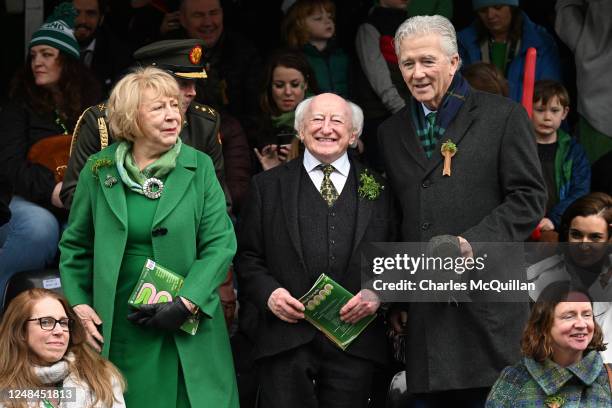 President of Ireland Michael D. Higgins wife Sabina Higgins and actor Patrick Duffy attend the St Patrick's Day Parade on March 17, 2023 in Dublin,...