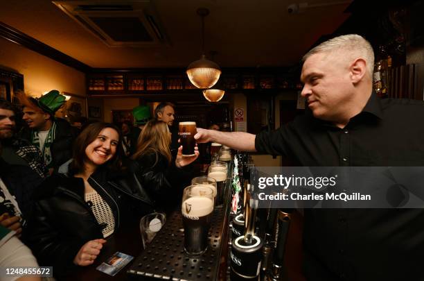 Non-alcoholic pints of Guinness are served at ODonoghues pub on March 17, 2023 in Dublin, Ireland. 17th March is the feast day of Saint Patrick...