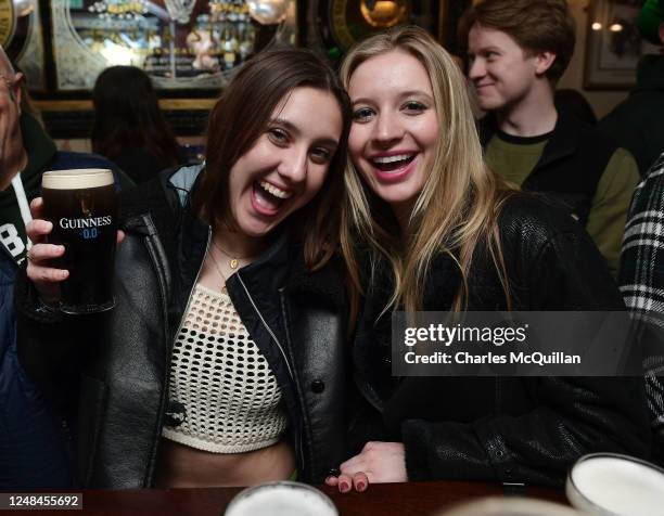 Non-alcoholic pints of Guinness are served to revellers at ODonoghues pub on March 17, 2023 in Dublin, Ireland. 17th March is the feast day of Saint...