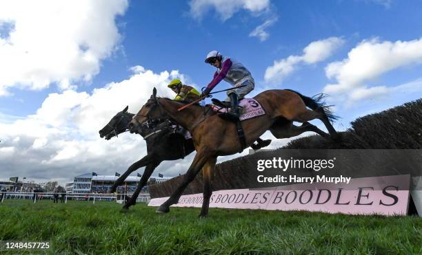Gloucestershire , United Kingdom - 17 March 2023; The eventual winner Galopin Des Champs, left, with Paul Townend up, and of Bravemansgame, left,...