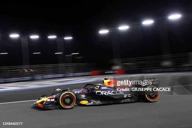 Red Bull Racing's Mexican driver Sergio Perez drives during the second practice session ahead of the 2023 Saudi Arabia Formula One Grand Prix at the...