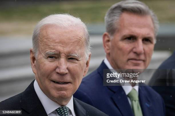 President Joe Biden and Speaker of the House Kevin McCarthy depart the U.S. Capitol following the Friends of Ireland Luncheon on Saint Patrick's Day...