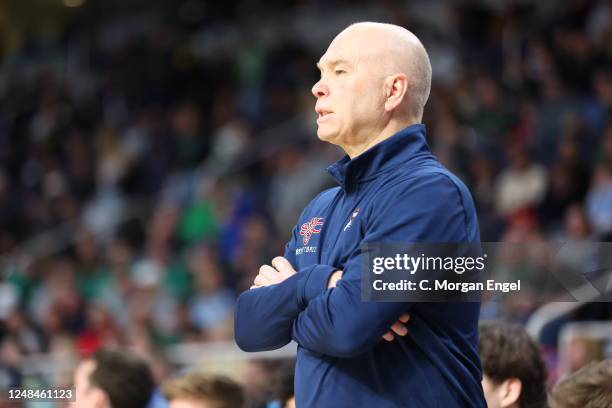 Head coach Randy Bennett of the St. Mary's Gaels makes a callout against the Virginia Commonwealth Rams during the first round of the 2023 NCAA Men's...