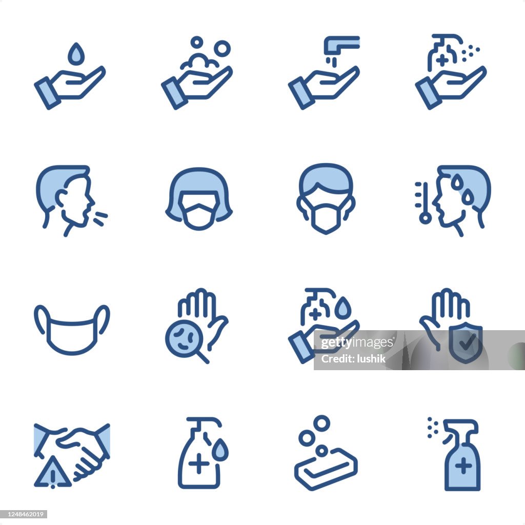 Prevenção pandêmica - Ícones da linha azul Pixel Perfect