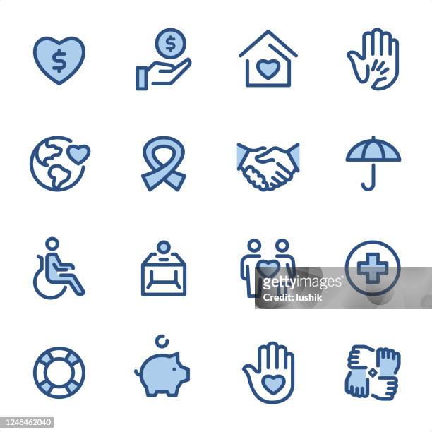 charity - pixel perfect blaue linie symbole - childrens health fund benefit stock-grafiken, -clipart, -cartoons und -symbole