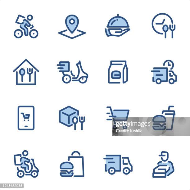 stockillustraties, clipart, cartoons en iconen met food delivery - pixel perfect blauwe lijn pictogrammen - plateau keukengereedschap