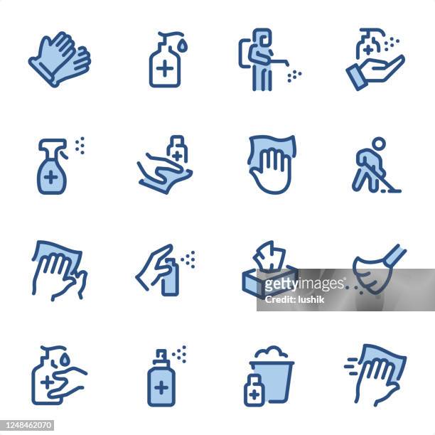 illustrazioni stock, clip art, cartoni animati e icone di tendenza di disinfezione e pulizia - pixel icone perfette della linea blu - strofinare lavare
