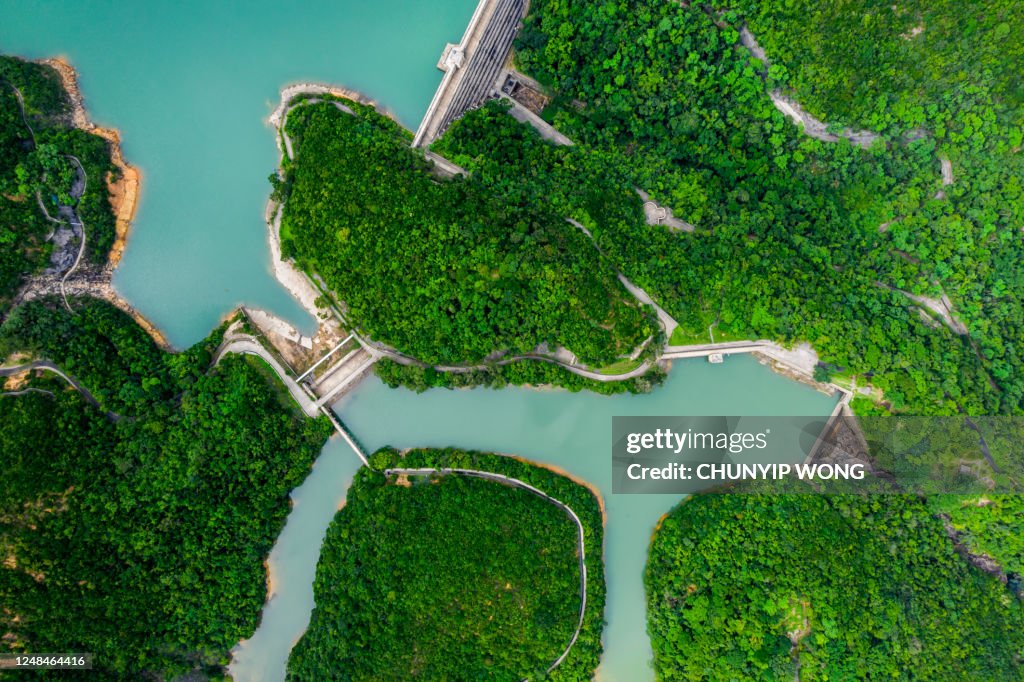 Dam of a Tai Tam reservoir in aerial