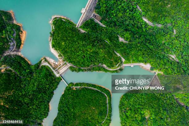 dam of a tai tam reservoir in aerial - water power imagens e fotografias de stock