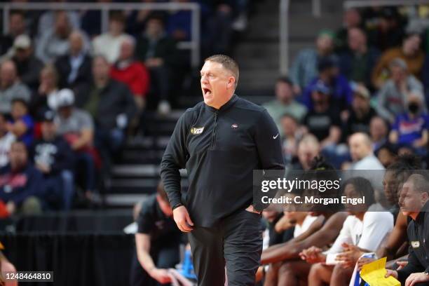Head coach Michael Rhoades of the Virginia Commonwealth Rams makes a callout during the second half against the St. Mary's Gaels during the first...