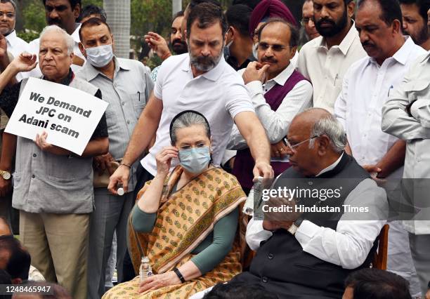 Leader of Opposition in Rajya Sabha Mallikarjun Kharge and former Congress President Sonia Gandhi, MP Rahul Gandhi with other opposition MPs during a...