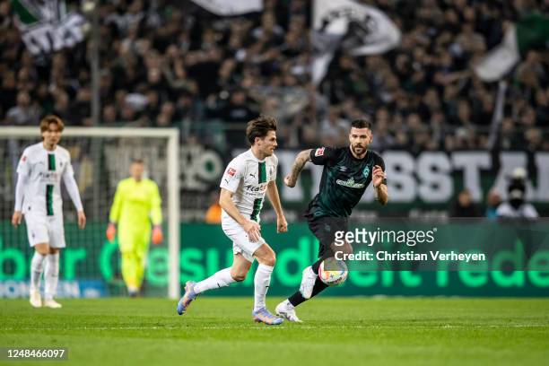 Jonas Hofmann of Borussia Moenchengladbach passes the ball during the Bundesliga match between Borussia Moenchengladbach and SV Werder Bremen at...