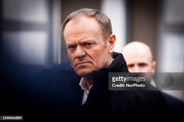 Donald Tusk, the leader of the largest opposition party, Civic Platform , speaks during his visit in Bytom, Silesia region of Poland on March 17....