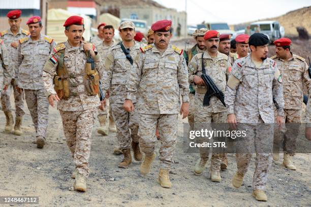 Yemeni Defence Minister Lieutenant General Mohsen Mohammed Al-Daeri accompanied by Saudi Commander of the Support Forces in the Coalition Joint...