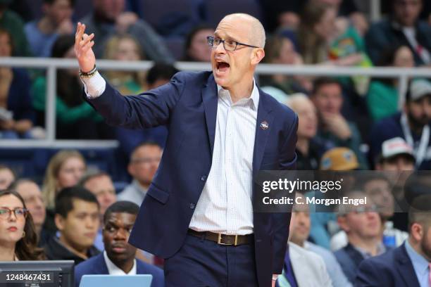 Head coach Dan Hurley of the Connecticut Huskies makes a call out during the first half against the Iona Gaels during the first round of the 2023...