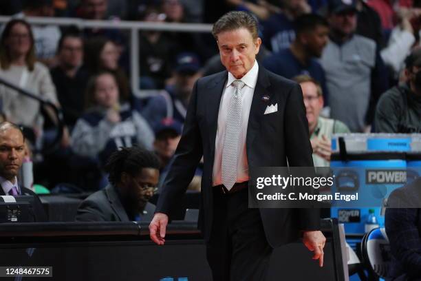 Head coach Rick Pitino of the Iona Gaels looks on during the first half against the Connecticut Huskies during the first round of the 2023 NCAA Men's...