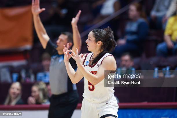 Georgia Amoore of the Virginia Tech Hokies reacts in the first half during a game against the Chattanooga Mocs at Cassell Coliseum on March 17, 2023...
