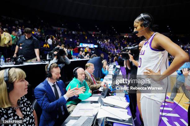 Angel Reese of the LSU Lady Tigers interviews with media after the game against the Hawai'i Rainbow Wahine during the first round of the 2023 NCAA...