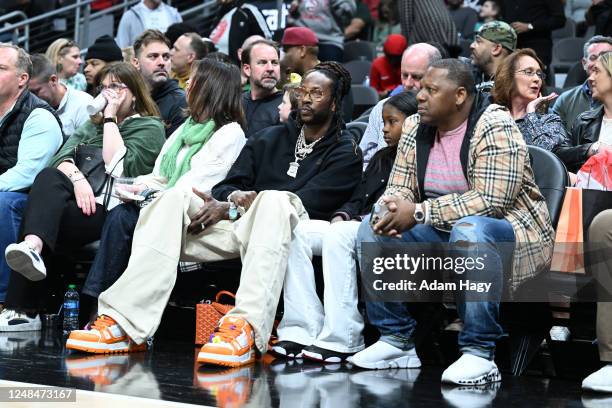 Chainz attends the game between the Golden State Warriors and the Atlanta Hawks on March 17, 2023 at State Farm Arena in Atlanta, Georgia. NOTE TO...