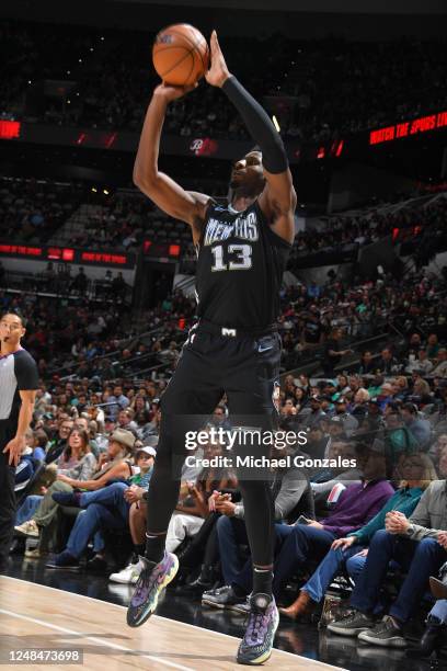 Jaren Jackson Jr. #13 of the Memphis Grizzlies shoots a three point basket during the game against the San Antonio Spurs on March 17, 2023 at the...