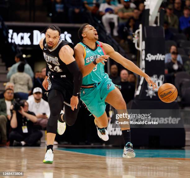 San Antonio Spurs Keldon Johnson is guarded by Dillion Brooks of the Memphis Grizzlies as he pushes the ball downcourt in the first half at AT&T...